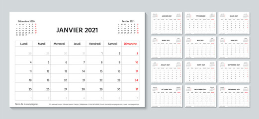 2021 planner in french. Calendar template. Week starts Monday. Vector. Calender layout.Table schedule grid with 12 month. Yearly stationery organizer. Horizontal monthly diary. Simple illustration.