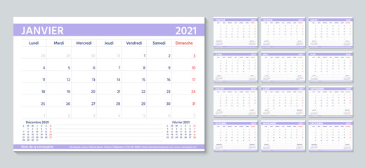 Planner 2021 year in french. Calendar template. Week starts Monday. Desk diary grid. Yearly stationery organizer. Calender layout with 12 month. Horizontal monthly schedule. Vector illustration.