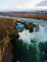 A sunset landscape of Godafoss Waterfall in Iceland