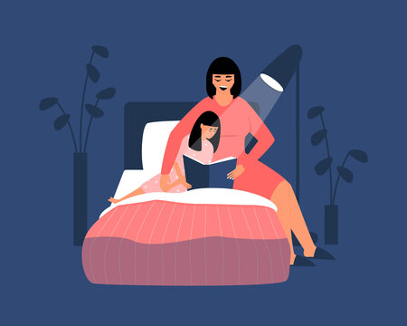 Mom Reads A Bedtime Story To Her Daughter. Repetition Of Lessons Before Bedtime. Family Leisure In The Evening. Flat Vector Illustration.