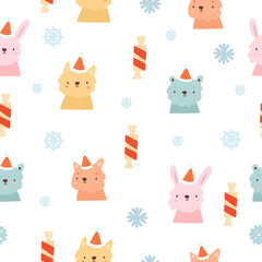 cute childrens new year pattern. with cute animals in caps and sweets. christmas background