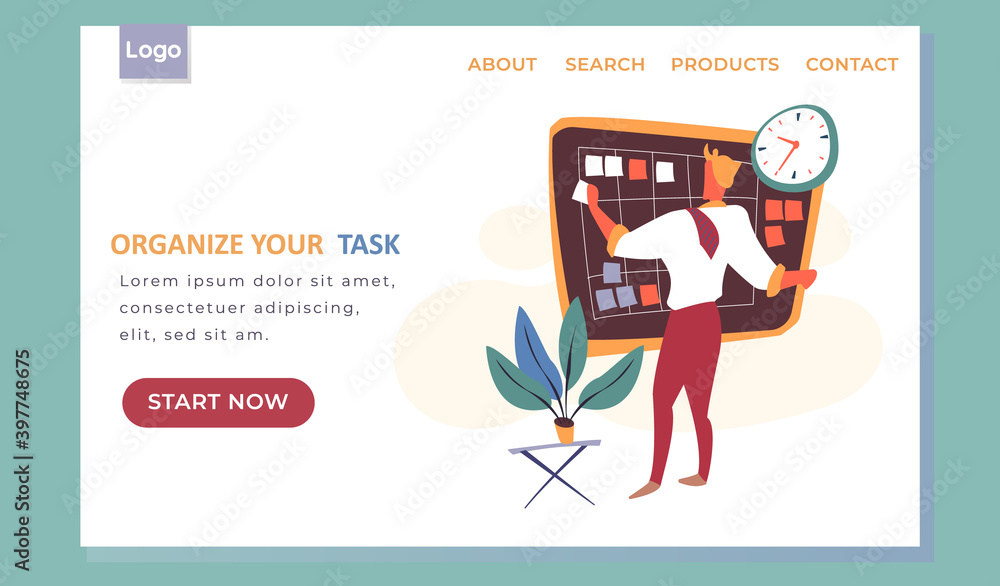 Poster organize your task landing page template with a man standing near board with paper notes for plannin