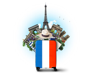 Obraz premium France travel, modern suitcase with French flag and landmarks, tourism concept 
