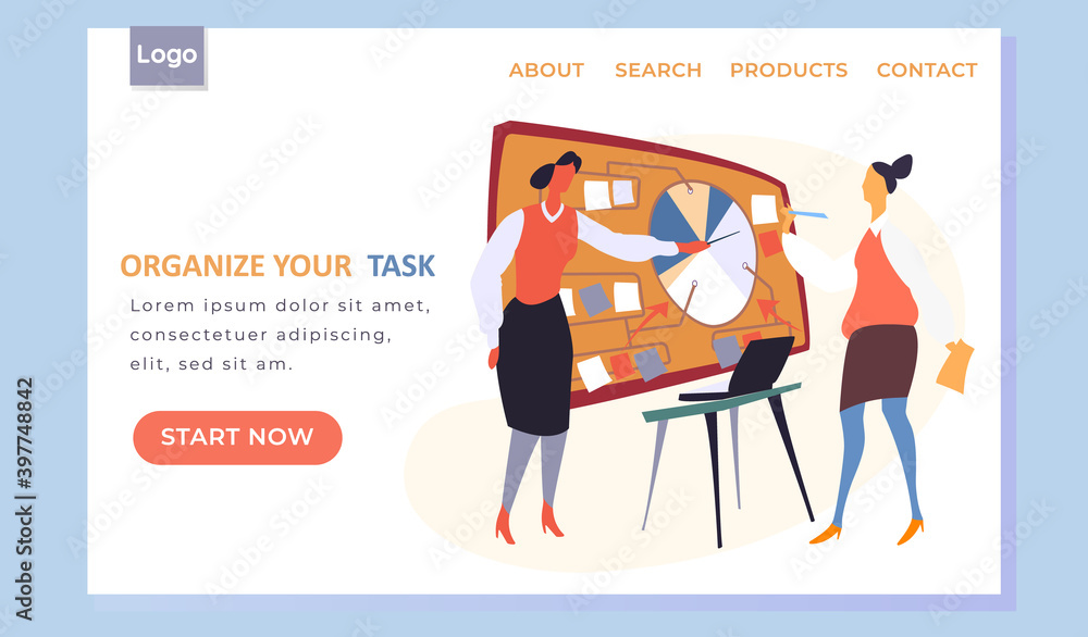 Poster organize your task landing page template with women standing near board with paper notes for plannin
