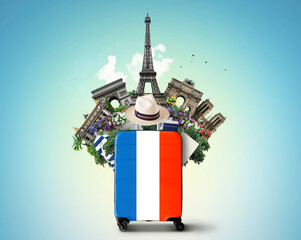 France travel, modern suitcase with French flag and landmarks, tourism concept