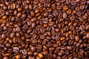 Coffee beans background texture, top view. space for copying text