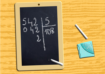 Division faite à la craie sur une vieille ardoise