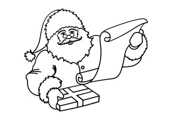 Santa Claus is reading a wish list or letter with Christmas gifts. Outline Santa is holding a scroll and Xmas gift. Vector illustration.