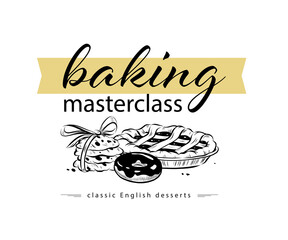 Baking masterclass emblem design with hand drawn pie, donut and cookies illustration. Vector doodle style. For cafe brand emblem.
