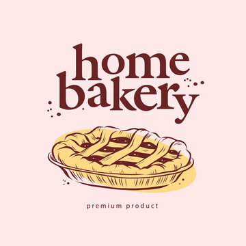 Home bakery logo design with hand drawn sweet pie illustration. Vector doodle style. For cafe brand emblem.