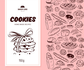 Vector packaging design with bakery goods pattern and cookies label / banner. Hand drawn cookie illustration, vintage sketch style. Line art.