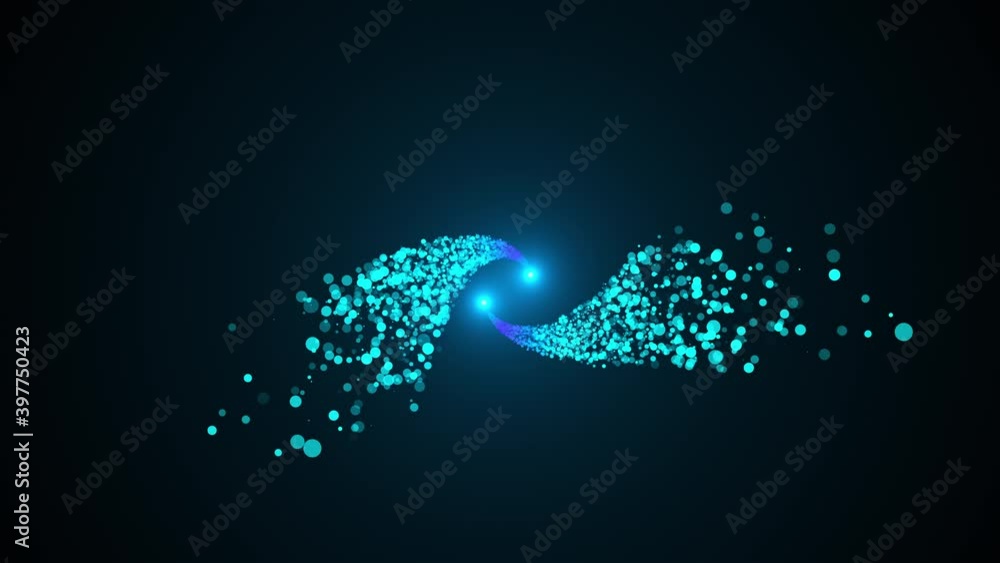 Poster runing lights with spiral trail from sparkling particles, computer generated. 3d rendering bright ba