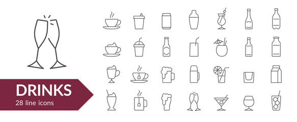 Drinks line icon set. Isolated signs on white background. Vector illustration. Collection - obrazy, fototapety, plakaty