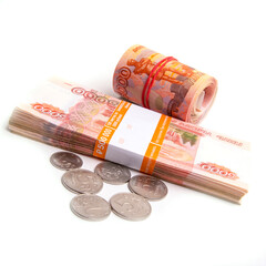 Banknotes, bills, coins, Russia, isolated on a white background, panoramic banner format, close-up, space for text