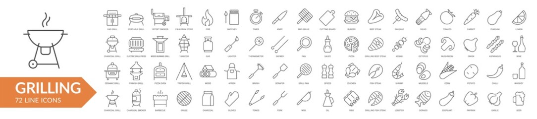 Grilling BBQ line icon set. Isolated signs on white background. Vector illustration. Collection