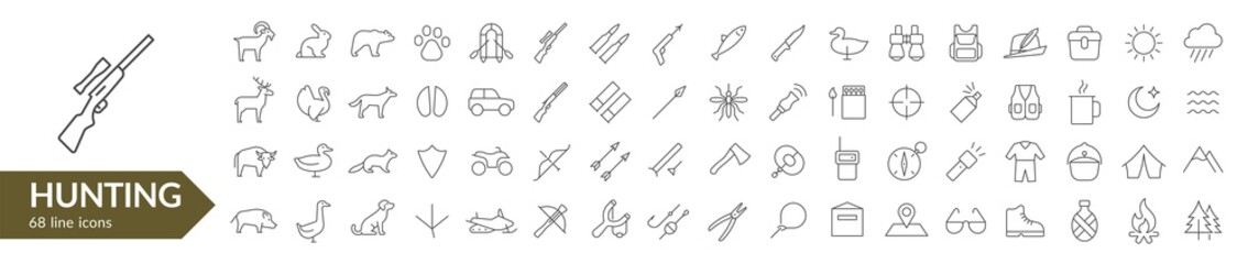 Hunting line icon set. Animals, weapon & other hunting equipment. Vector illustration. Collection