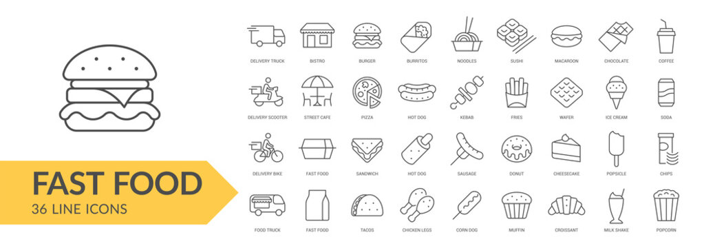 Fast food line icon set. Isolated signs on white background. Vector illustration. Collection
