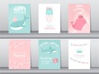 Set of birthday cards with cute animal, poster,template,greeting card,cake,Vector illustrations