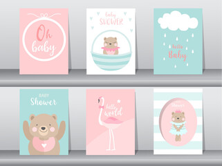 Set of baby shower invitation cards,poster,template,greeting,cute,bear,animal,Vector illustrations