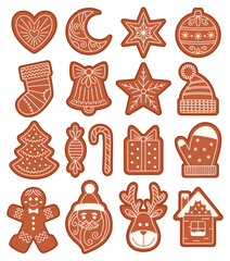 Christmas gingerbread cookies collection isolated on white background