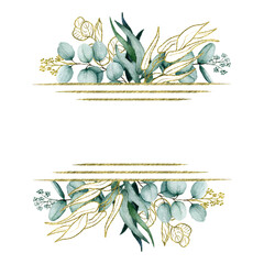 Polygonal Gold foil eucalyptus frame. Watercolor hand drawn eucalyptus borders. Hand painted green eucalyptus leaves and branches exotic frame isolated on white background. For design, wedding