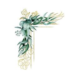 Polygonal Gold foil eucalyptus angle frame. Watercolor hand drawn eucalyptus wreath. Hand painted green eucalyptus leaves and branches exotic frame isolated on white background. For design, wedding