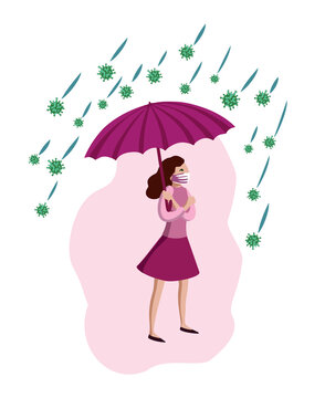 Woman in medical mask under umbrella with covid corona virus around. Concept for defense from coronavirus pandemic. Vector people, illustration for medicine