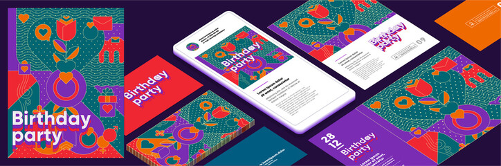 Vector illustrations for the event. A birthday or a romantic relationship. Stylized background with gifts, flowers and festive elements. Corporate identity, branding, mobile phone, package, postcard.