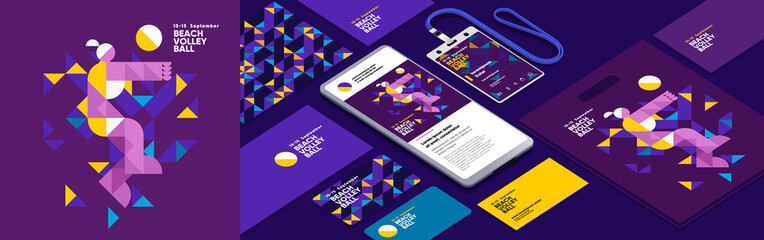 Set of vector illustrations. Illustration for a sporting event, beach volleyball, stylized people playing beach volleyball. Corporate identity, branding, mobile phone, package, postcard, I. D. badge.