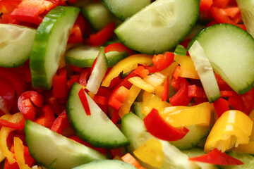 Healthy Chopped Raw Vegetable Salad Ingredient. Small Pieces of Yellow and Red Chili Pepper and Sliced Ripe Cucumber. Aromatic Organic Dieting Dish. Culinary Recipe Partial View Photography