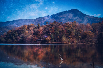 京都、宝ヶ池の紅葉と比叡山（空は合成です）