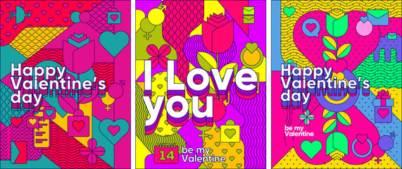 Set of vector illustrations. Valentine's day cards, line graphics and background elements, geometric patterns. Inscriptions - I love you, be my Valentine.