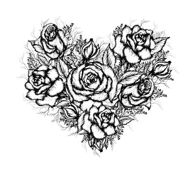Flower set of  roses. realistic, hand-drawn flowers elements in the shape of a heart. romantic bouquet for advertising, Wallpaper, paper, decor, greeting cards, invitations