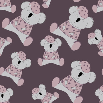 Koala in pink pajamas. seamless pattern. Decorative wallpaper for the nursery in the Scandinavian style. Vector. Suitable for children's clothing, interior design, packaging, printing.
