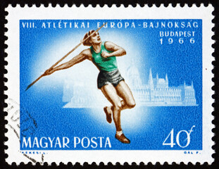 Postage stamp Hungary 1966 javelin (womens) and Parliament