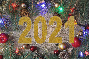 2021 golden figures textures with glitters on Christmas ornament background