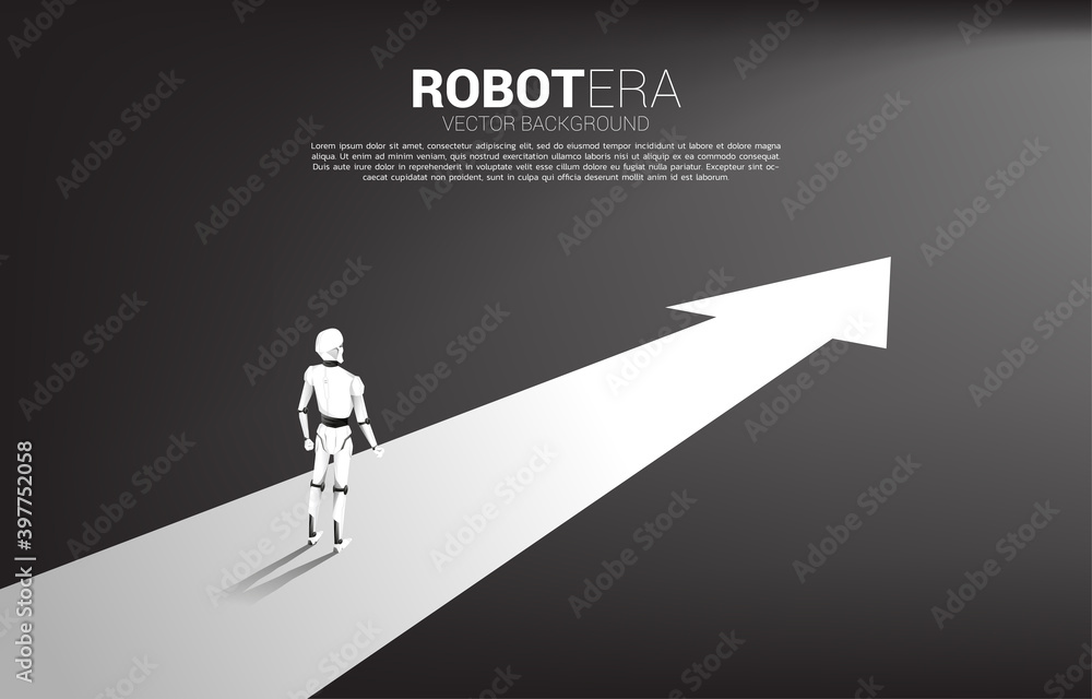 Poster Silhouette of robot standing on arrow route. concept of artificial intelligence and machine learning worker technology