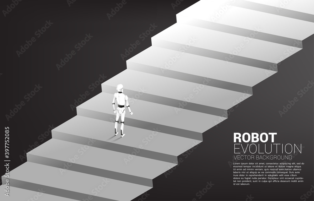 Poster Silhouette of robot standing on stair step. concept of artificial intelligence and machine learning worker technology