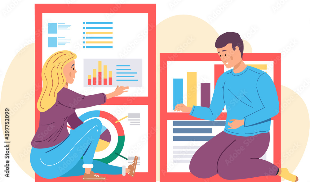 Poster business people analyze report graph and investment plan. a guy and a girl sit and communicate. char