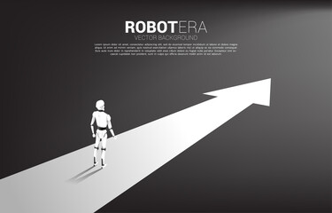Silhouette of robot standing on arrow route. concept of artificial intelligence and machine learning worker technology