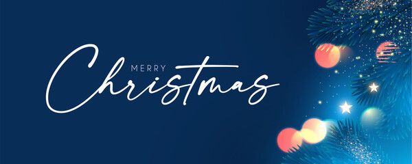 Merry Christmas and Happy New Year Holiday background with fir tree branches, bokeh effect and lights