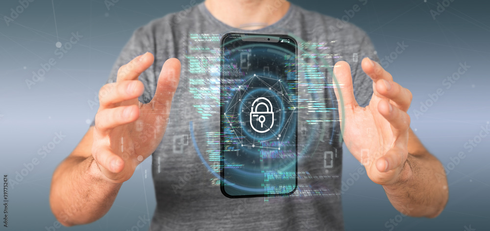 Poster businessman holding security data and smartphone security - 3d rendering