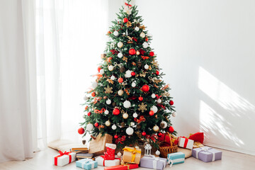 Interior room with Christmas tree window with new year gifts