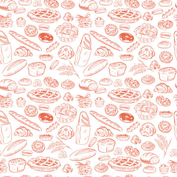 Vector Seamless Pattern With Bakery Goods - Pie, Bread, Cookie, Donut, Croissant - Outline Isolated Objects On White Background. Hand Drawn Sketch Style. Vector Illustration. Packaging Wrapping Paper.