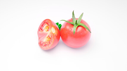 Tomatoes in greenery over white background - shot with copy space. Beautiful red tomatoes with water drops to decorate the kitchen, shop and advertising.