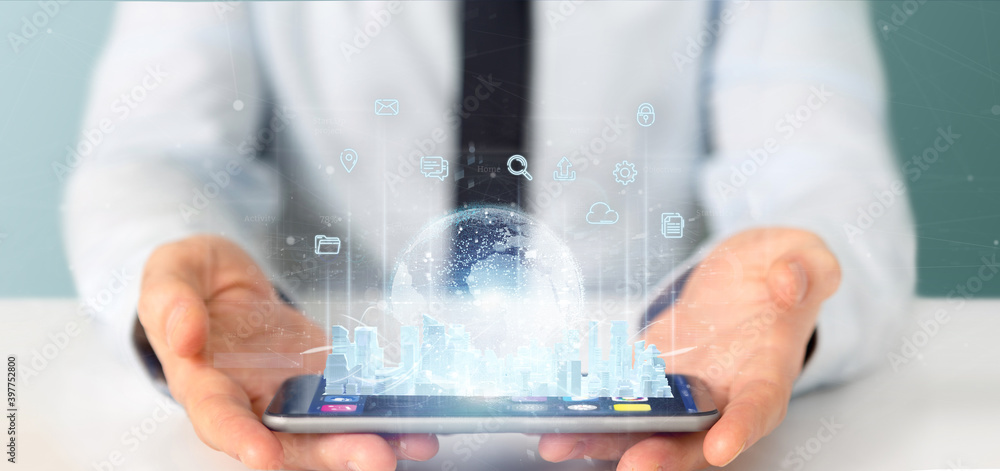 Poster businessman holding smart city user interface with icon, stats and data 3d rendering