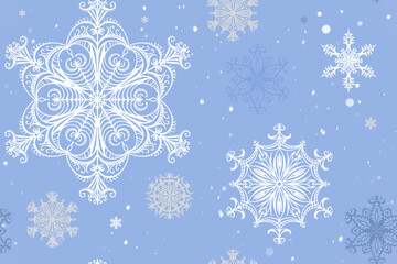 Seamless pattern drawn snowflakes on cold blue background