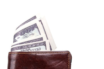 Wallet with dollars on a white background, close-up, isolated, copy space