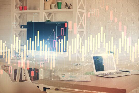 Double exposure of financial graph drawing and office interior background. Concept of stock market. © peshkova