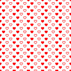 Seamless pattern of red hearts. Vector illustration on a white background.